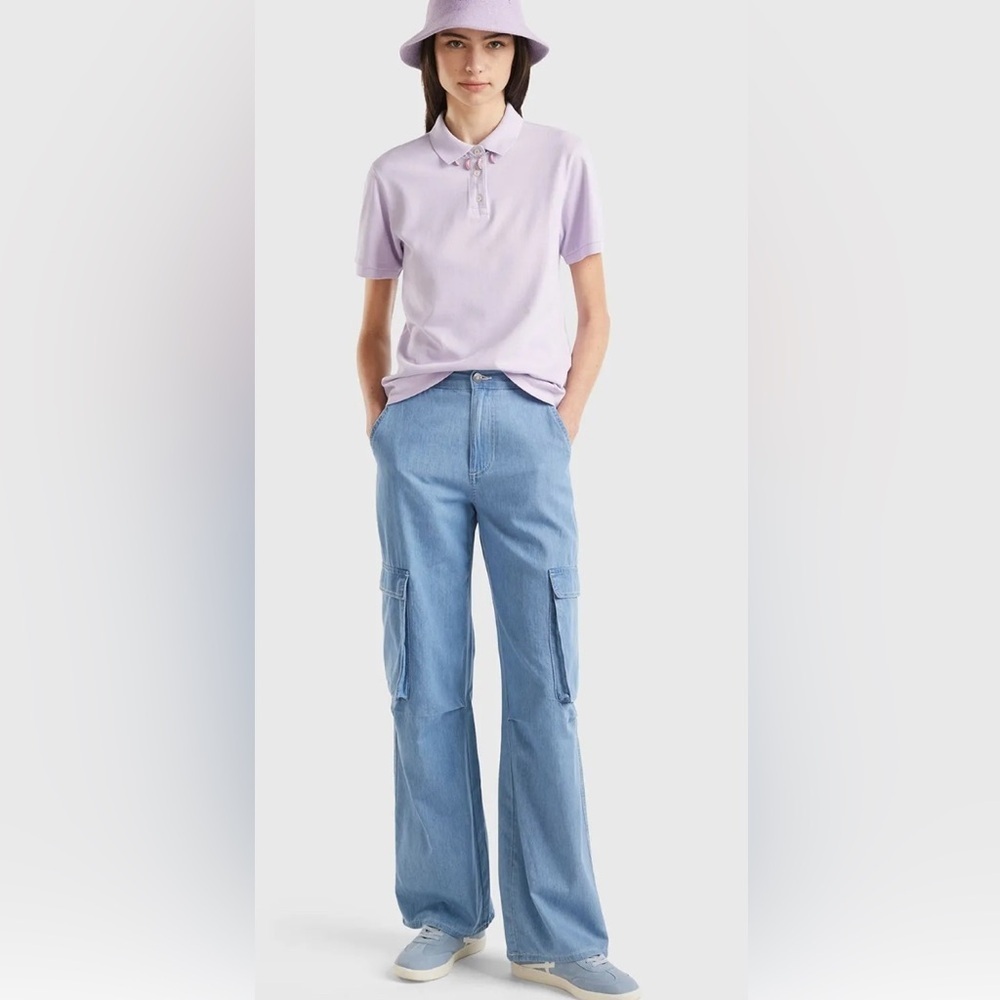 United Colors of Benetton light blue chambray high waisted cargo pants - Picture 6 of 15